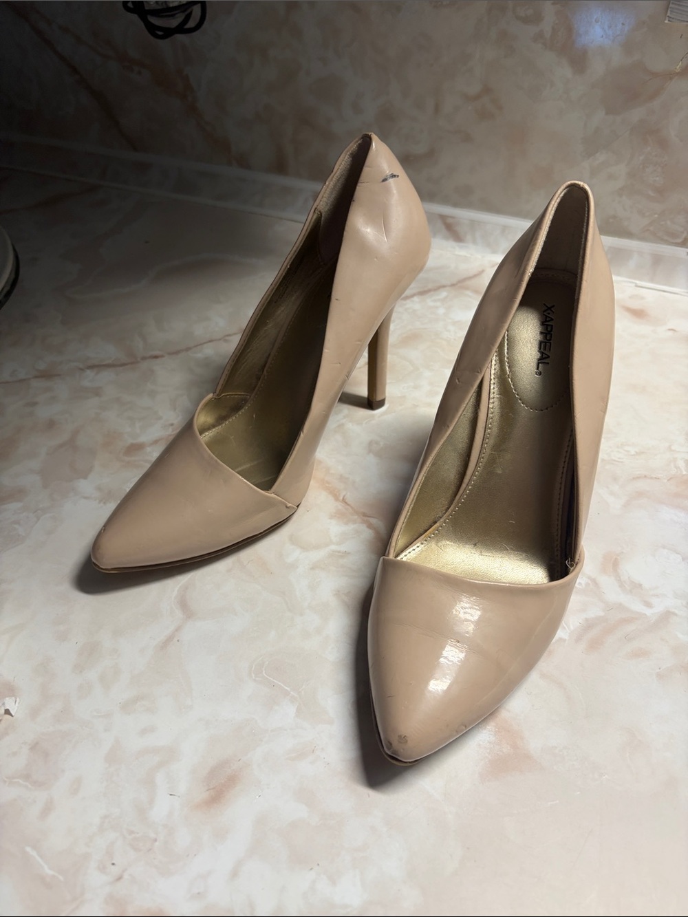 Xappeal Beige Patent Pointed-Toe Stiletto Pumps